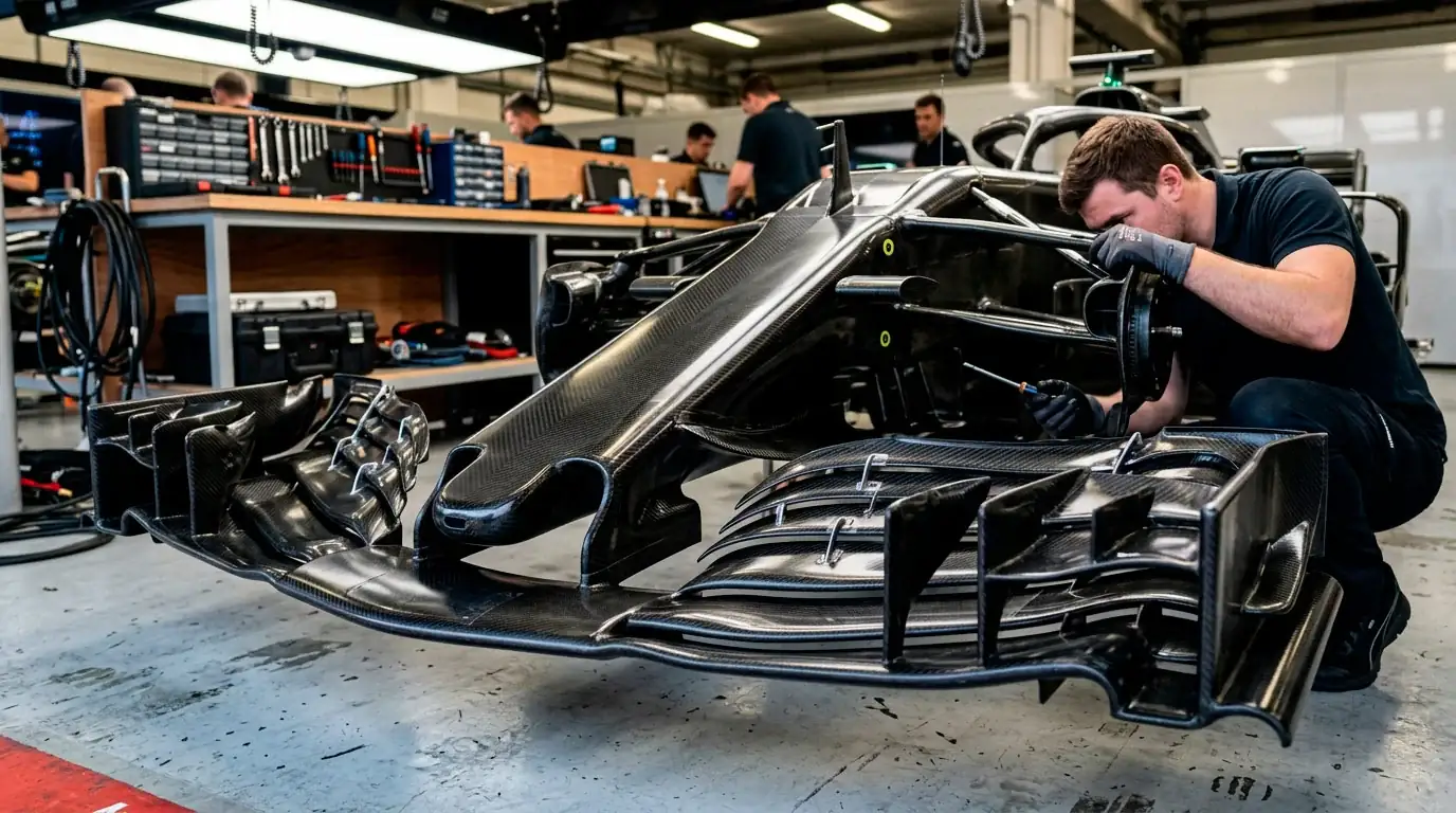 Close-up of a Formula 1 car front wing and aerodynamic surfaces in a garage under workshop lighting