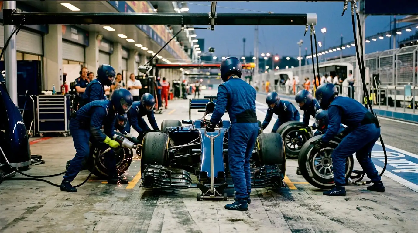 Formula 1 pit crew performing a tyre change during a live Grand Prix pit stop